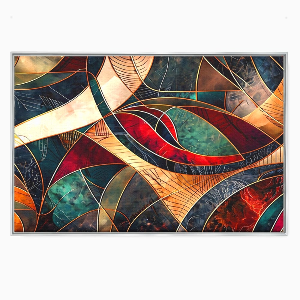 Tablou canvas cu tablou abstract cu linii aurii, in rama de aluminiu argintiu